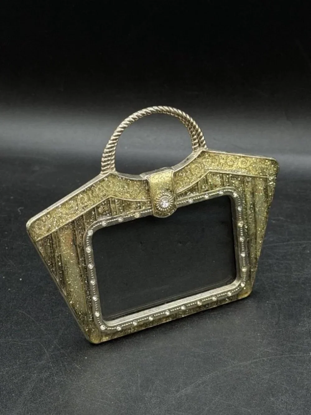 Judith Leiber Crystals Rhinestone Metal Purse Shaped Mini Photo Frame Vintage